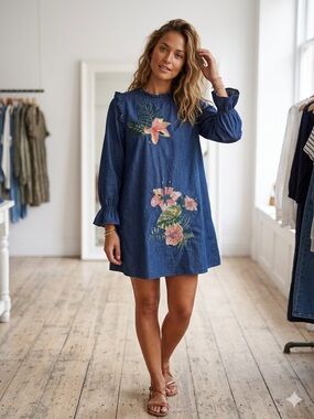 Zara Denim Blue Mini Dress with Pink Floral Embroidery